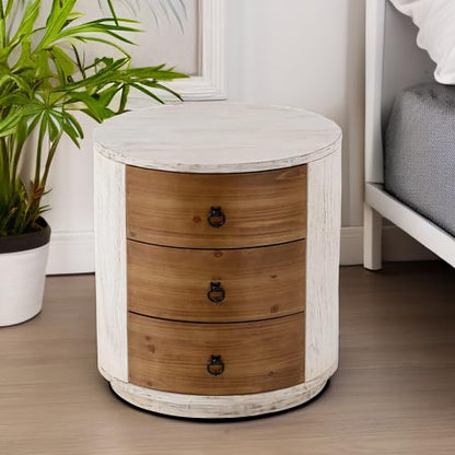 COSIEST 3 Drawer Chest of Drawers, 20 inch MDF Round Storage Cabinet, Retro Whitewash Finish Nightstand, Wood Bedside Table with Drawers for Bedroom Living Room - color: Wood Color-round