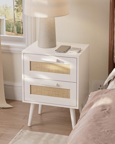 Masupu Rattan Night Stand, Modern nightstand Boho Bedside Table with 2 Drawer, Small End Side Table for Bedroom,Living Room,Office,White - color: White