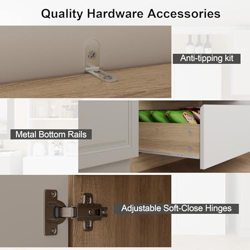 Mekminop Extra Large Kitchen Pantry with Microwave Shelf, Kitchen Hutch Storage Cabinet with Countertop, Freestanding Countertop Cabinet with 3 Drawers and 3 Open Shelves, White + Walnut - color: White + Walnut, size: 82.7" Wide