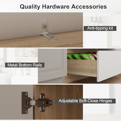 Mekminop Extra Large Kitchen Pantry with Microwave Shelf, Kitchen Hutch Storage Cabinet with Countertop, Freestanding Countertop Cabinet with 3 Drawers and 3 Open Shelves, White + Walnut - color: White + Walnut, size: 82.7" Wide