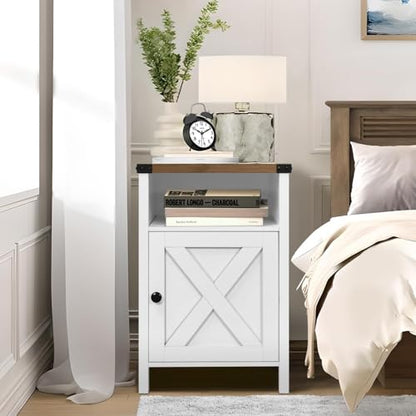 Farmhouse End Table, Nightstand with Barn Door and Shelf,Cream White | End Tables,Wooden Sofa Side Table, Modern Bed Side Table Rustic Nightstands, Bedroom, Living Room - color: White