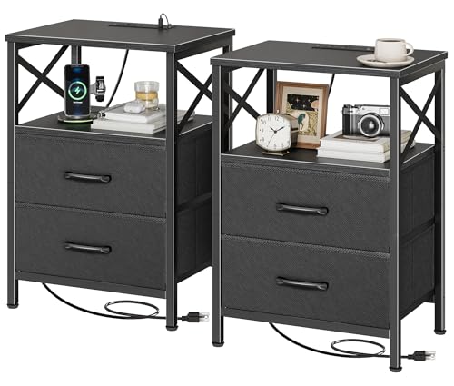 Huuger Nightstands Set of 2, Night Stand with Charger Station, 2 Drawer Side Table with Open Shelf, USB-C Port, End Table for Small Spaces, X Shaped Side Rail, Black - color: Black