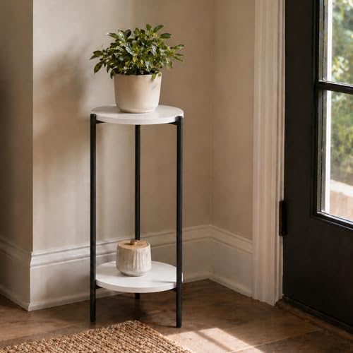 Furinno BESI Plant Stand Indoor, 2-Tier Round Plant Shelf, Metal Flower Pot Plant Stand, Balcony, Patio, Garden, White - color: White/Black