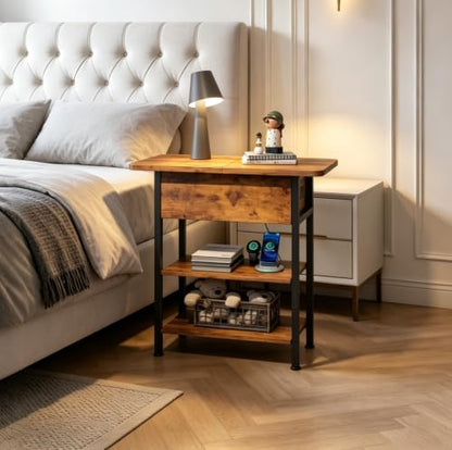 WLIVE 3-Tier End Table with Charging Station, Flip Top Narrow Side Table with Storage Shelf, Small Nightstand with USB Ports and Outlets,Bedside Table for Living Room, Bedroom - color: Rustic Brown