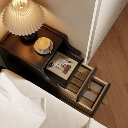 AQIMUELE Small Nightstand with Drawers, Solid Wood Bedside Table, Narrow Walnut Nightstand for Bedroom - color: 1 Pc(black), size: 15.74''D*11.81''W*19.68''H