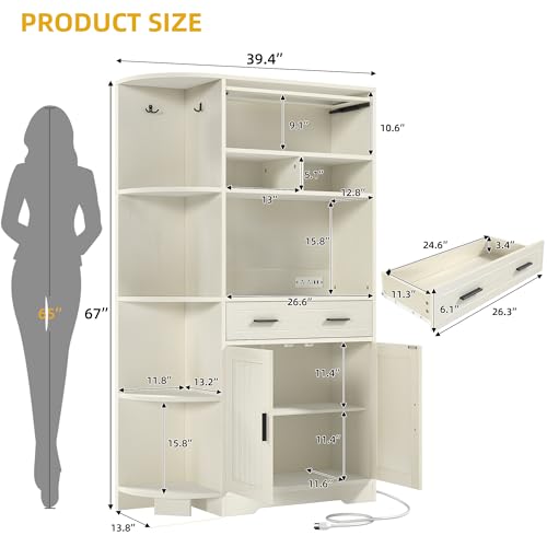 DWVO 67" Farmhouse Baker Rack with Power Outlets & Microwave Stand, White | Buffet Sideboard Cupboard Hutch with Drawer for Kitchen, Living Room, and Dining Room - color: White