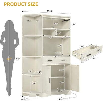 DWVO 67" Farmhouse Baker Rack with Power Outlets & Microwave Stand, White | Buffet Sideboard Cupboard Hutch with Drawer for Kitchen, Living Room, and Dining Room - color: White