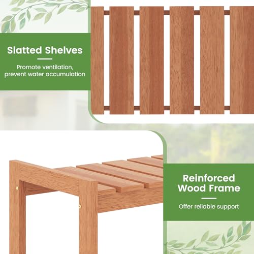 Giantex 3-Tier Plant Stand Indoor, Solid Wood Flower Pot Display Rack w/ Slatted Shelves, Take Oil Finish Bookshelf Shoe Rack, Indoor Outdoor Storage Shelf for Patio Garden Balcony Home Living Room Entryway - size: 13" x 36" x 35"