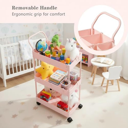 danpinera Slim Storage Cart, 3 Tier Narrow Rolling Cart on Wheels Bathroom Organizer with Dividers Handle Hanging Cups Hooks for Laundry Room Kitchen Small Spaces, Pink - style: 3 Tier Pink