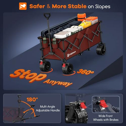 Originsure 300L Collapsible Beach Wagon Cart with Big Wheels, 560lbs, Red | 48" Foldable Utility Wagon,7" All-Terrain Wheels,Heavy Duty Frame,Compact&Space-Saving,for Camping,Sports,Grocery,Garden - color: Red