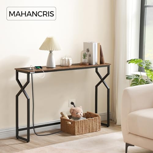 MAHANCRIS 44.9" Sofa Table, 9.4" Narrow Console Table with Charging Station, Couch Table Behind Sofa with Outlet, Entryway Table with Display Shelf, Living Room, Rustic Brown CTHR113E01 - color: Rustic Brown + Black