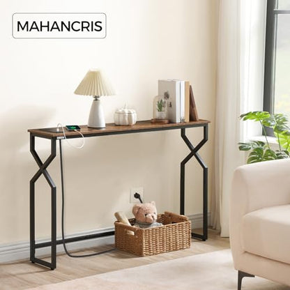 MAHANCRIS 44.9" Sofa Table, 9.4" Narrow Console Table with Charging Station, Couch Table Behind Sofa with Outlet, Entryway Table with Display Shelf, Living Room, Rustic Brown CTHR113E01 - color: Rustic Brown + Black