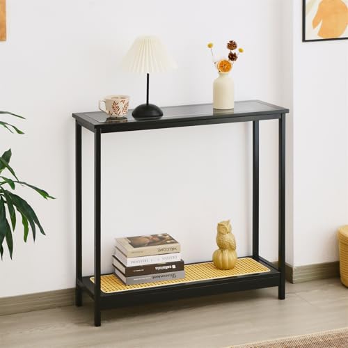 Bamboo Narrow Console Table, 31.5"(L) Wood Small Entryway Table with Rattan and Glass, Accent Slim Hallway Tables, Thin Sofa Side Tables for Hallway, Living Room, Bedroom, Foyer, Black - color: Black 31.5"(l)