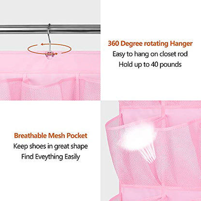 MISSLO 30 Large Pockets Dual Sided Hanging Shoe Organizer for Closet with Rotating Hanger Hanging Shoe Shelves, Pink - color: Pink