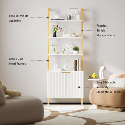 INNOD 74" Tall Bookshelf with Storage Cabinet, Modern Ladder Shelf with Wood and Metal Frame, Wall Mount Bookcase Open Display Shelf Furniture for Living Room, Bedroom, Home Office, Gold - color: White & Gold