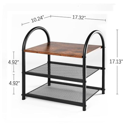 Small Shoe Rack Organizer for Entryway, Narrow Shoe Shelf Wood | 3-Tier, Rustic Wooden Top, Arched Metal Frame, Sturdy Mesh Shelves, for Front Door Closet Garage, 17.32" x 10.24" x 17.13" - size: 17.32" X 10.24" X 17.13"