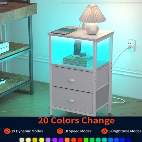 sthmec Nightstand with Charging Station, LED Night Stand Set 2, Bedside Table End Tables Set of 2, Bedroom Tables with 2 Fabric Drawers PU Finish, 3-Tier Storage Side Table for Bedroom,White - color: White