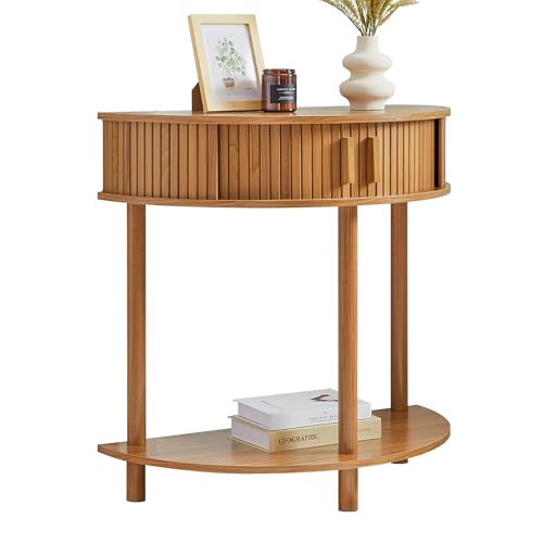 Entryway Table, Half Moon Fluted Console Tables with Storage, Mid Century Modern Small Half Round Sofa Tables for Hallway, Narrow Curved Accent Decor Table for Living Room (Mid-Century Modern, Walnut)