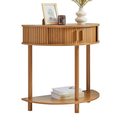 Entryway Table, Half Moon Fluted Console Tables with Storage, Mid Century Modern Small Half Round Sofa Tables for Hallway, Narrow Curved Accent Decor Table for Living Room (Mid-Century Modern, Walnut)