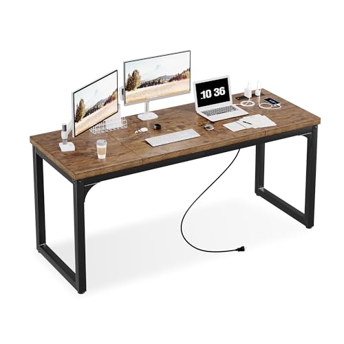Computer Desk with Power Outlets, 63 Inch Large Home Office Desk with Deeper & Thicker Desktop Modern Gaming Desk Study Writing Work Desk, Metal Frame, Rustic Brown - size: 63 Inch