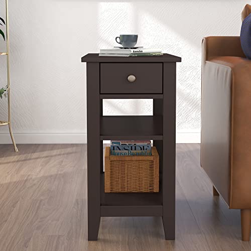ChooChoo Side Table Living Room, Narrow End Table with Drawer and Shelf, 3-Tier Sofa End Table for Small Space, Espresso - color: Espresso