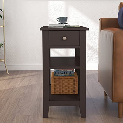 ChooChoo Side Table Living Room, Narrow End Table with Drawer and Shelf, 3-Tier Sofa End Table for Small Space, Espresso - color: Espresso