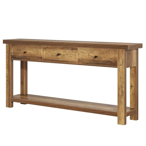 Tribesigns 70.9” Console Table with 3 Drawers, Extra Long Entryway Table for Hallway, Living Room, Narrow Sofa Table Behind Couch with Storage Shelf, Rustic Brown Wood Foyer Furniture