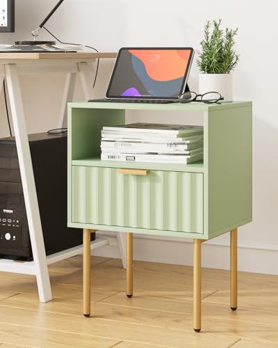 Night Stand,Modern Bedside Table with Drawer and Shelf,Green Night Stand with Gold Frame,Small Side Table for Bedroom,Living Room - color: Green