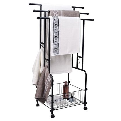 42" Tall Bathroom Towel Rack, Standing Towel Racks, 3 Tier Towel Holder with Storage Basket & 4 Hooks, Indoor Outdoor Freestanding Towel Racks with Anti-Skid Wheels, Pool Towel Blanket Stand