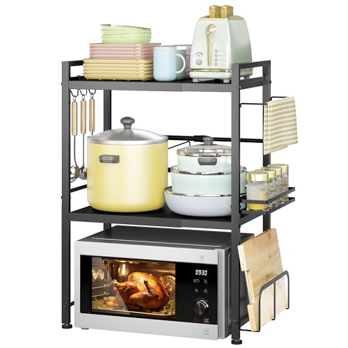 DOLALIKE Microwave Oven Rack, Expandable Microwave Stand Countertop Kitchen Utensils Tableware Storage, Carbon Steel Over Microwave Shelf Countertop with 6 Hooks | Adjustable Microwave Oven Rack Metal Storage Shelf for Pans Small Appliances Kitchen Utensi