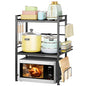 DOLALIKE Microwave Oven Rack, Expandable Microwave Stand Countertop Kitchen Utensils Tableware Storage, Carbon Steel Over Microwave Shelf Countertop with 6 Hooks | Adjustable Microwave Oven Rack Metal Storage Shelf for Pans Small Appliances Kitchen Utensi
