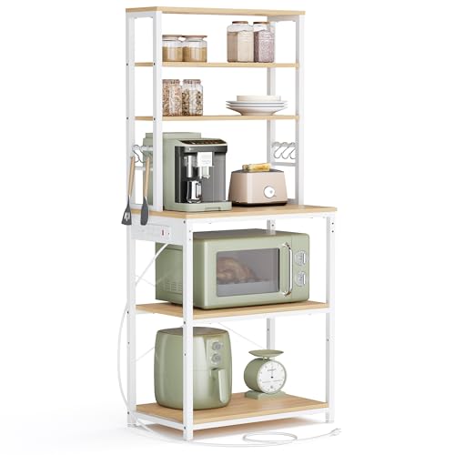 VASAGLE Bakers Rack with Power Outlet, 23.6 Inches Coffee Bar for Kitchen with Storage, 6-Tier Kitchen Shelves with 6 Hooks, Microwave Stand, Industrial, Golden Oak and Cloud White UKKS124Y03 - color: Golden Oak + Cloud White, size: 23.6"W, style: With Po