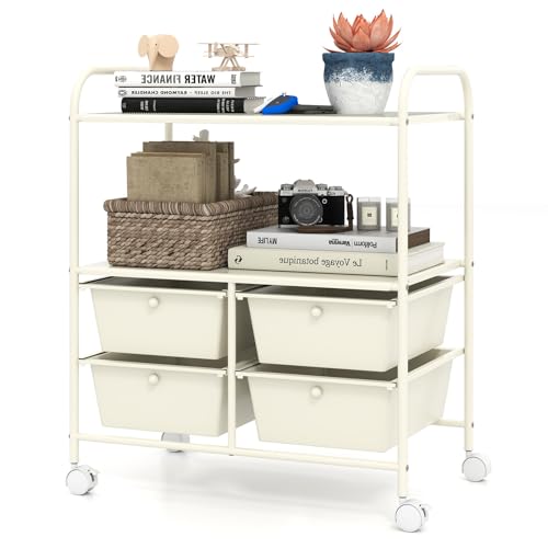 RELAX4LIFE Rolling Storage Cart with 4 Drawers - Utility Cart on Wheels w/2 Shelves & Metal Frame, Paper Scrapbook File Organizer for Home Office School Classroom, Movable Art Craft Cart (White) - color: White