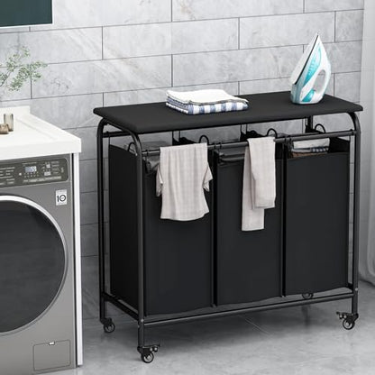LINZINAR 3-Bag Laundry Hamper with Ironing Board, Black 135L Laundry Sorter | Laundry Room Organization with Heavy Duty Rolling Lockable Wheels and Removable Bag, Bedroom Laundry Cart for Clothes Storage - size: 3 Bags Black with Board