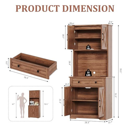 GarveeLife 71" Pantry Cabinet with Charging Station, Tall Kitchen Pantry Storage Cabinet with Microwave Stand, Large Farmhouse Kitchen Hutch with Cabinet Doors & Drawer for Living Room, Dining Room - color: Brown