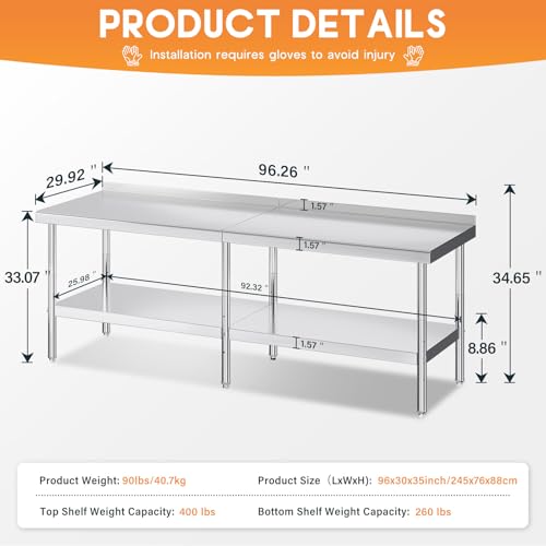 Jocisland 30" x 96" Stainless Steel Table for Prep & Work, Food-Grade Stainless Steel with Backsplash, Adjustable Under Shelf & Safe Design for Restaurant, Home and Outdoor - size: 30x96 in, style: With Hooks& Backsplash
