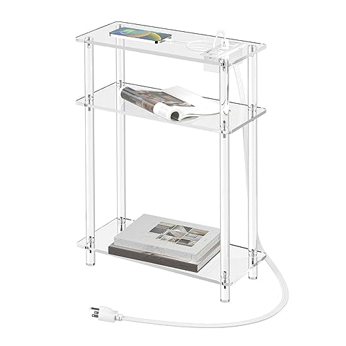 HMYHUM Acrylic Narrow Side Table with Charging Station, 7" Width, 3 Tier Small End Table for Small Spaces, Skinny Nightstand/Bedside Table with USB Ports & Outlet, Clear - size: 3-tier