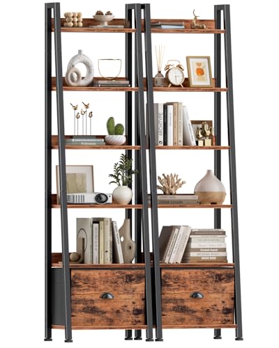Furologee Bookshelf Set of 2, 6-Tier Ladder Shelf, Ladder Bookshelf with Drawer, Set of 2 Bookshelves, Metal Storage Shelf for Living Room, Home Office, Bedroom, Balcony,Kitchen, Rustic Brown - color: Rustic Brown, size: 6 Tier -2 PCS