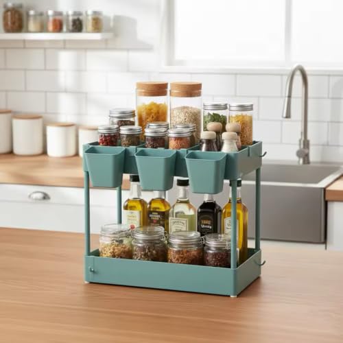 danpinera Storage Cart on Wheels, 3 Tier Bathroom Cart Organizer Slim Laundry Narrow Shelf with Wheels Dividers Hanging Cups Hooks Handle Easy Assembly, Green - style: 3 Tier Green