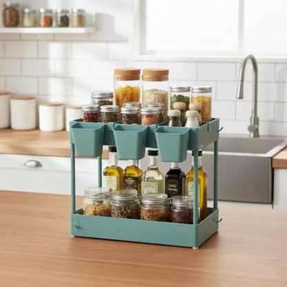 danpinera Storage Cart on Wheels, 3 Tier Bathroom Cart Organizer Slim Laundry Narrow Shelf with Wheels Dividers Hanging Cups Hooks Handle Easy Assembly, Green - style: 3 Tier Green