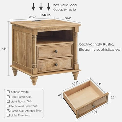 T4TREAM 24" Farmhouse Nightstands with 2 Drawers, Light Tree Knot | 4 Solid Wood Feet, Charging Station, Tall Rustic Wood Square, Sofa Side Table, Living Room, Bedroom - color: Light Tree Knot