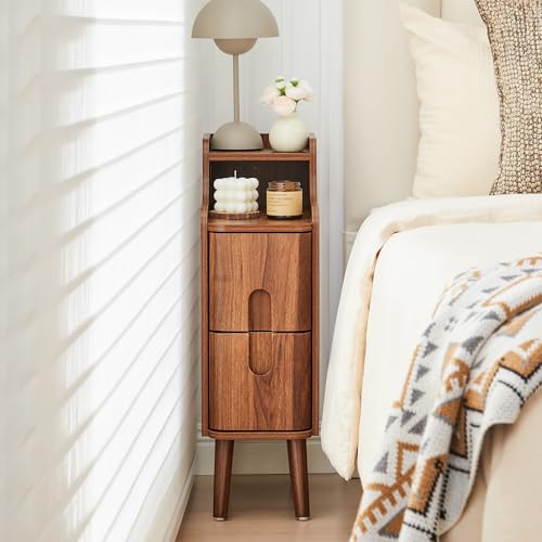 Narrow End Table Living Room, Wooden Small 2 Drawer Nightstand Bedroom, Thin Couch Side End Table, Vintage Skinny Bedside Table Small Spaces, Mid Century Modern Night Stand with Drawers (Walnut-1 pc) - color: Walnut-1 Pc