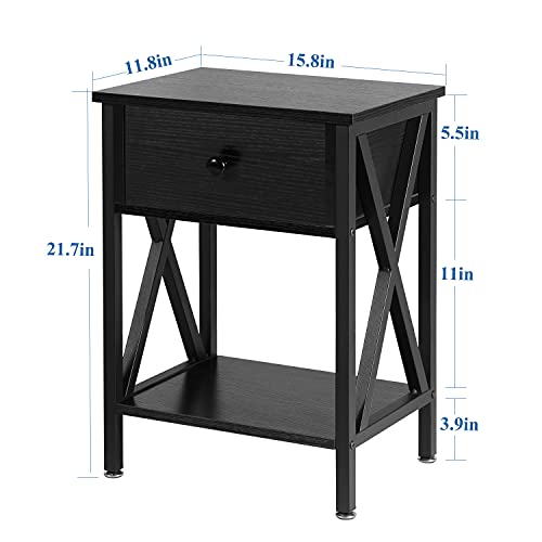 VECELO End Tables, Modern Nightstand with Drawer & Shelf, Night Stand for Bedroom Living Room ,Industrial Metal Frame - color: Black, size: End Table