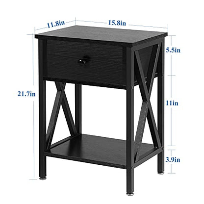 VECELO End Tables, Modern Nightstand with Drawer & Shelf, Night Stand for Bedroom Living Room ,Industrial Metal Frame - color: Black, size: End Table