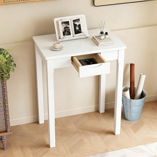 Solid Wooden Desk with Drawers - 24 x 16 Inch Narrow Desks for Small Spaces, Rubberwood Simple Study Table, Small Writing Desk for Bedroom - Modern White Desks - color: White, size: 23.6 in W x 15.7 in D