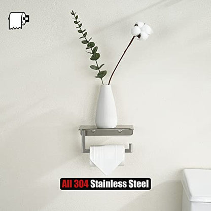 JQK Toilet Paper Holder Shelf, Bathroom Tissue Roll Holder with Phone Shelf, 5 Inch 304 Stainless Steel Tissue Paper Dispenser, Brushed Finished Wall Mount, TPH202-BN-T - color: Brushed