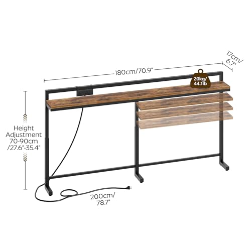 70.9'' Narrow Console Table with Adjustable Height (27.6''-35.4''), Behind Couch Table Skinny with Outlet, Long Entryway Table, Couch Table Behind Sofa for Living Room, Rustic Brown CT21UBR - color: Rustic Brown + Black, size: 70.9"L x 6.7"W x 27.6"H - 35
