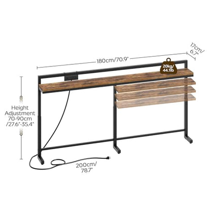 70.9'' Narrow Console Table with Adjustable Height (27.6''-35.4''), Behind Couch Table Skinny with Outlet, Long Entryway Table, Couch Table Behind Sofa for Living Room, Rustic Brown CT21UBR - color: Rustic Brown + Black, size: 70.9"L x 6.7"W x 27.6"H - 35