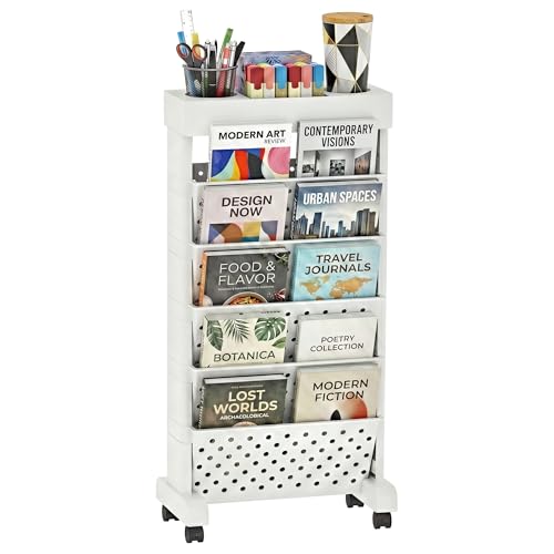 6-Tier Rolling Bookshelf Magazine Rack with Wheels White | Mobile Bookcase, Book Storage File Folder Organizer Cart for Home Study Office Living Room Classroom - color: White, size: 6-Tier 30.5"H