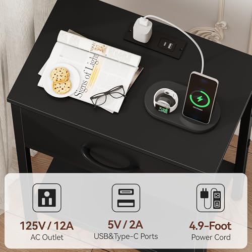 Vagusicc Black Nightstand with Charging Station, End Table with Fabric Drawer, Small Side Table with 2-Tier Storage Shelves, 25.4" Tall Bedside Table, Black Night Stand for Bedroom, Living Room, Dorm - color: Black (1 Pack)